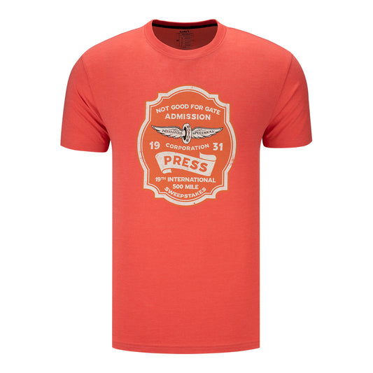 Indianapolis Motor Speedway Press Pass Recycled Soft T-Shirt in orange, front view