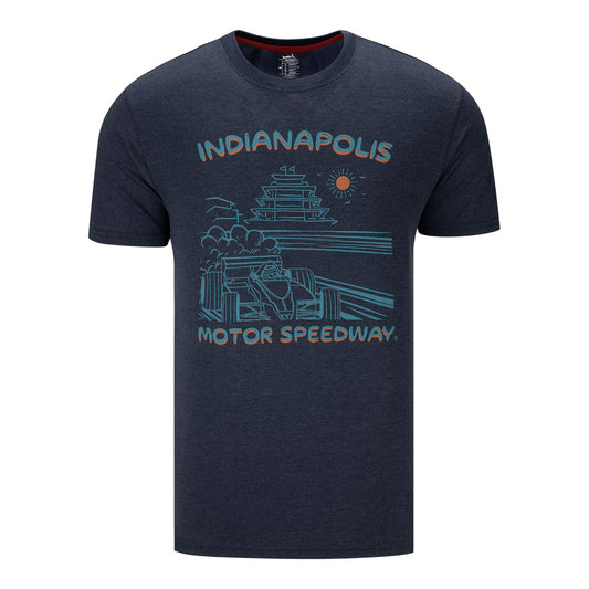 Indianapolis Motor Speedway Sunset Recycled Soft T-Shirt in navy, front view