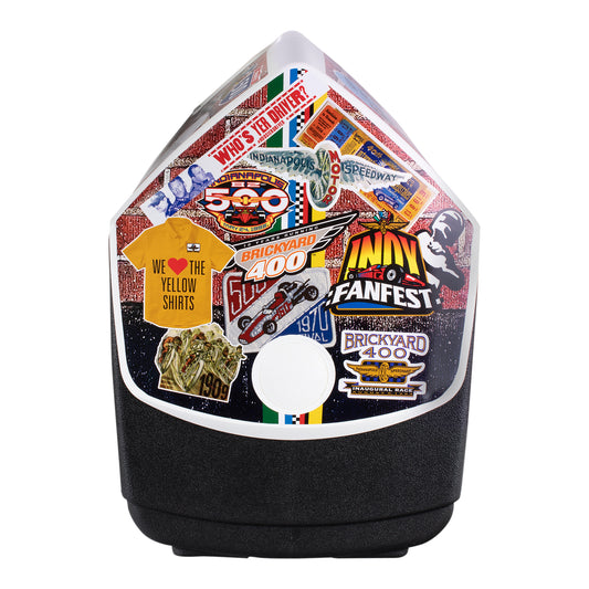 Indianapolis Motor Speedway Collage Igloo Elite Playmate Cooler in black and multicolor top, side view