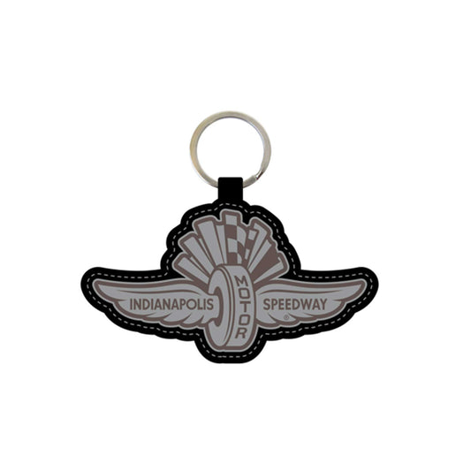 Wing Wheel Flag Leather Keychain in black and silver, front view