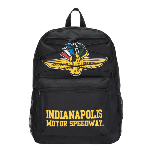 Wing Wheel Flag Bungee Backpack in black, front view