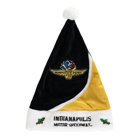 Wing Wheel Flag Holiday Santa Hat in black and gold, front view