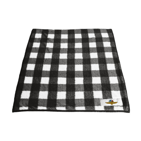 Wing Wheel Flag Buffalo Checked Frost Blanket in black and white, front view