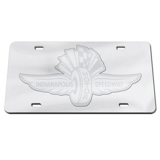 Wing Wheel Flag Frosted License Plate in silver, front view