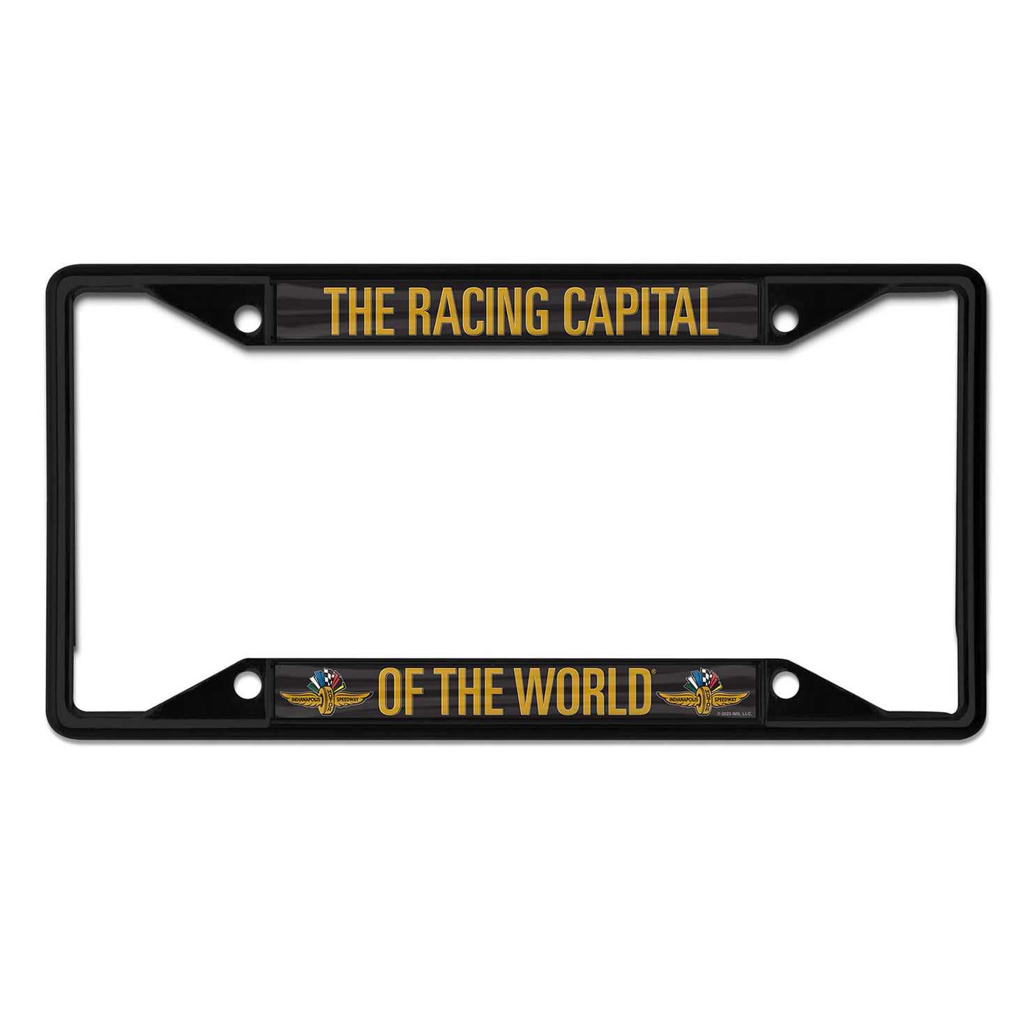 Wing Wheel Flag Metal License Plate Frame in black, front view