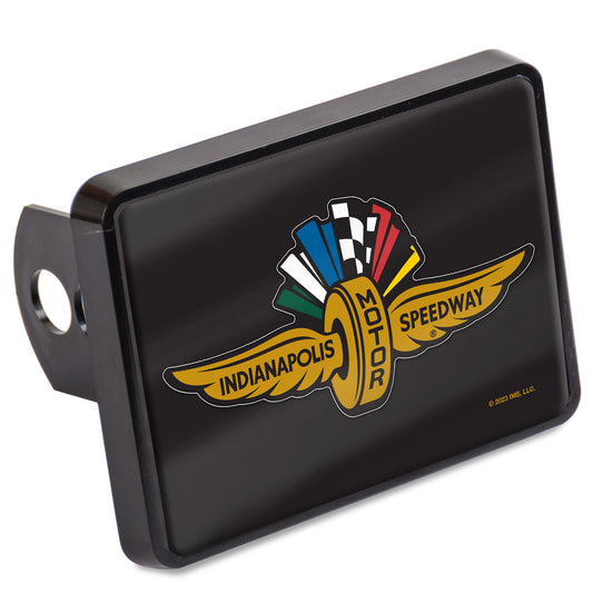 Wing Wheel Flag Acrylic Trailer Hitch Cover in black, front view