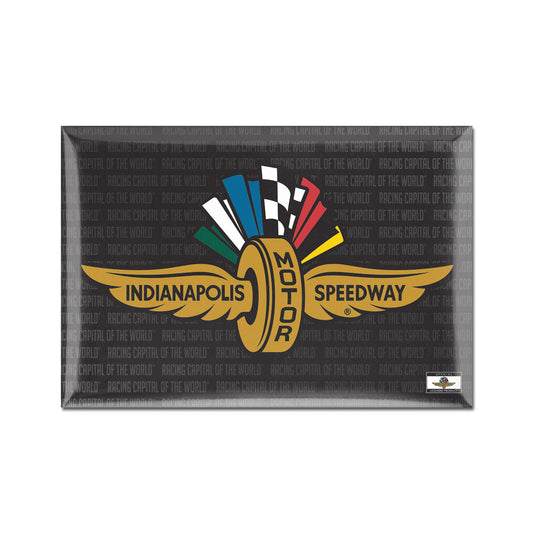 Wing Wheel Flag Racing Capital of The World Magnet in black, front view