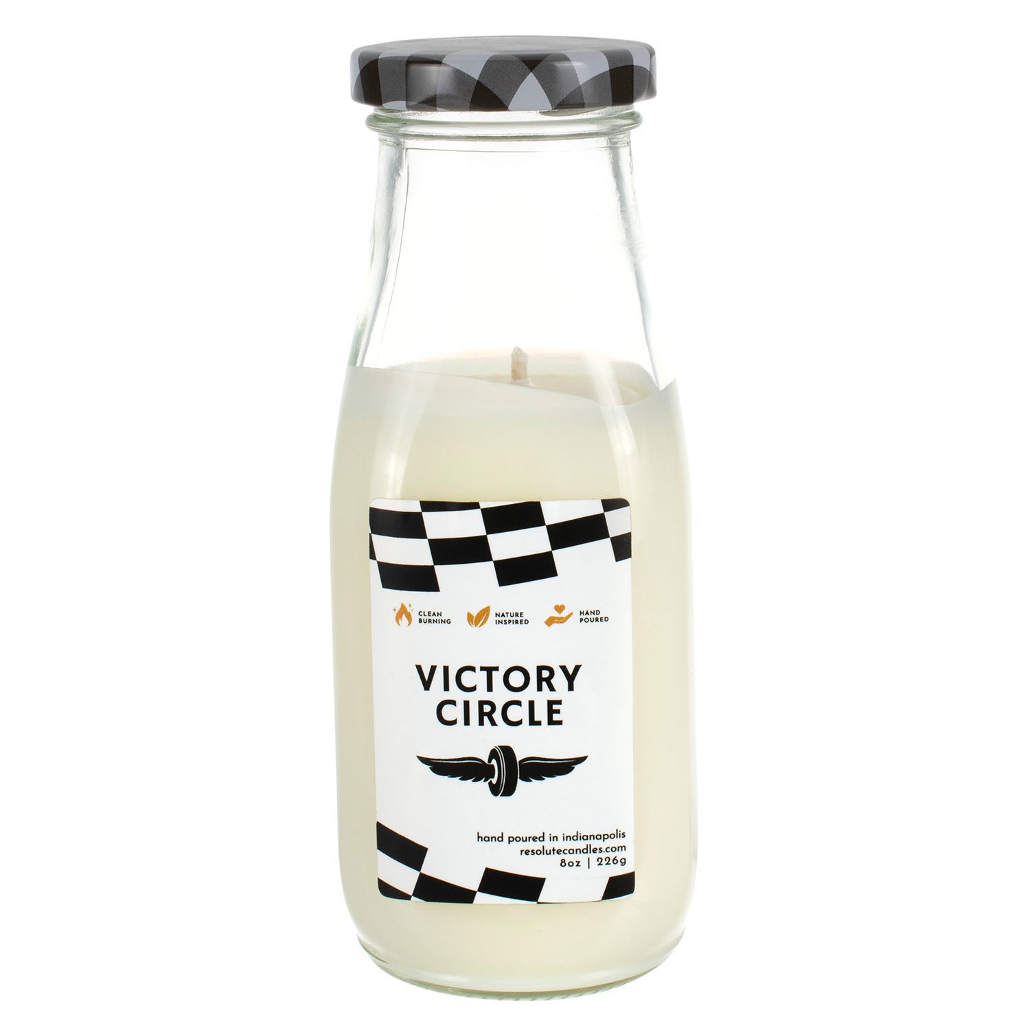 Wing Wheel Flag Victory Circle Milk Bottle Candle in Clear Jar Vanilla Scented - Front View