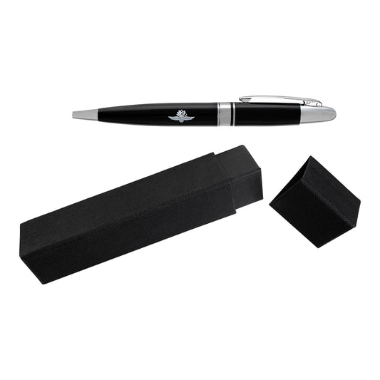 Wing Wheel Flag Elite Executive Ink Pen in black, front view of case and pen