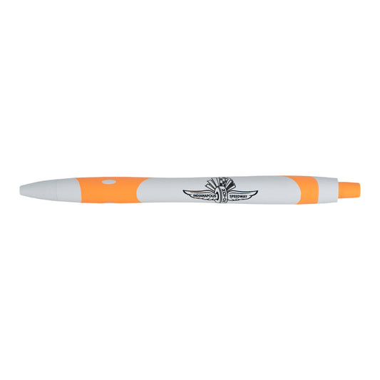 Wing Wheel Flag Maverick Sleek Ink Pen in white and orange, front view