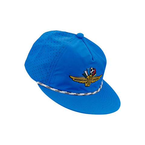 Youth Wing Wheel Flag Rubber Logo Perf Rope Flat Bill Hat in blue, side view