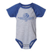 Wing Wheel Flag Baseball Jersey Onesie in grey and royal blue, front view