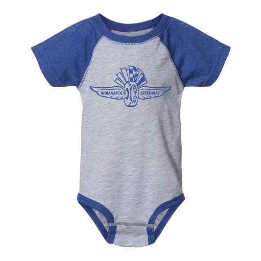 Wing Wheel Flag Baseball Jersey Onesie - Grey & Royal Blue - Front View