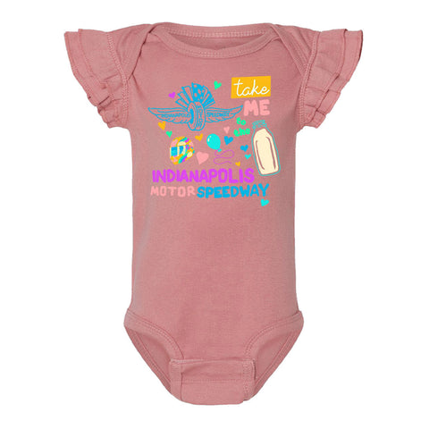 Take me to the Indianapolis Motor Speedway Onesie in pink, front view