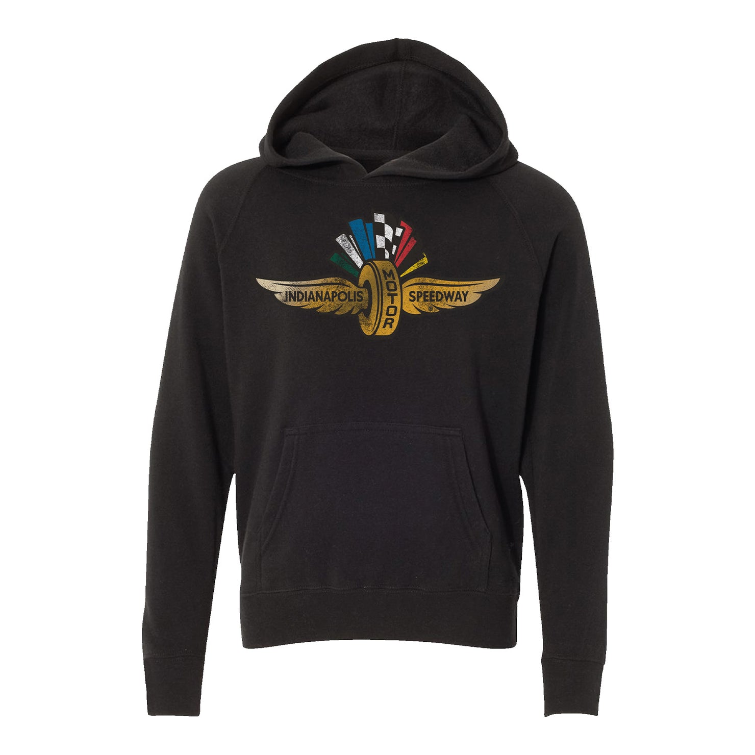 Wing Wheel Flag Distressed Logo Sweatshirt in Black - Front View