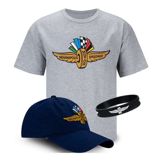Indianapolis Motor Speedway Youth Hat Tee Combo in grey and blue, front view