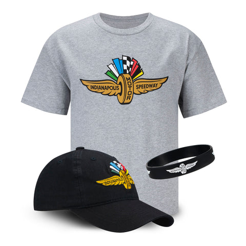 Wing Wheel Flag Hat Tee Combo For Youth in grey and black, front view