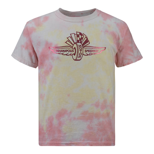 Wing Wheel Flag Funnel Cake Tie Dye T-Shirt in pink and yellow, front view