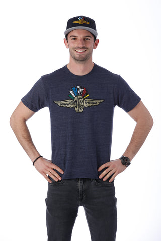 Wing Wheel Flag Distressed Logo Navy T-Shirt - Front View on Model