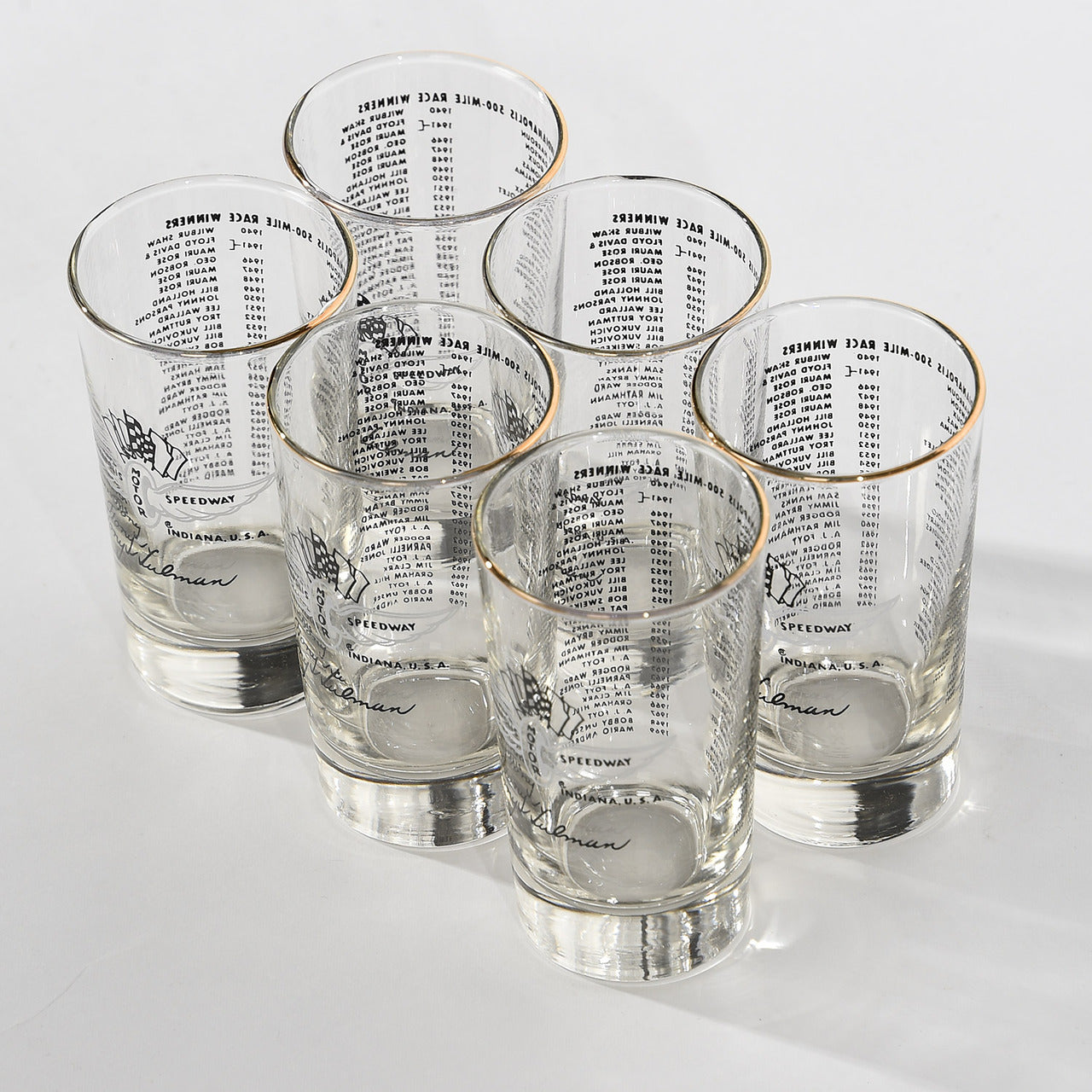 Indianapolis Motor Speedway Historical Indy 500 Glassware - 1969 Mario Andretti Set - Top Down View