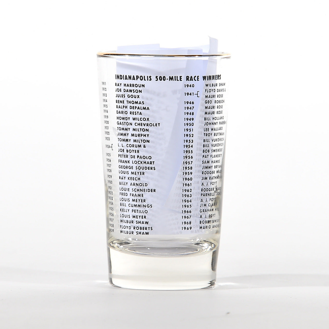 Indianapolis Motor Speedway Historical Indy 500 Glassware - 1969 Mario Andretti Set - Back View Continued 