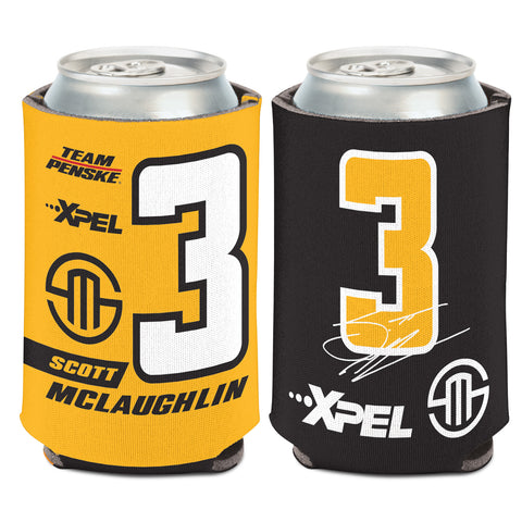 2023 McLaughlin Can Cooler in black and yellow, front and back view